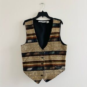 VTG Jane Ashley Vest Waistcoat Gilet Black Beige Embroidered SZ M Western Tribal